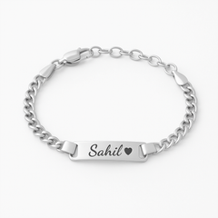 Silver chain bracelet with nameplate 'Sahil' on a white background