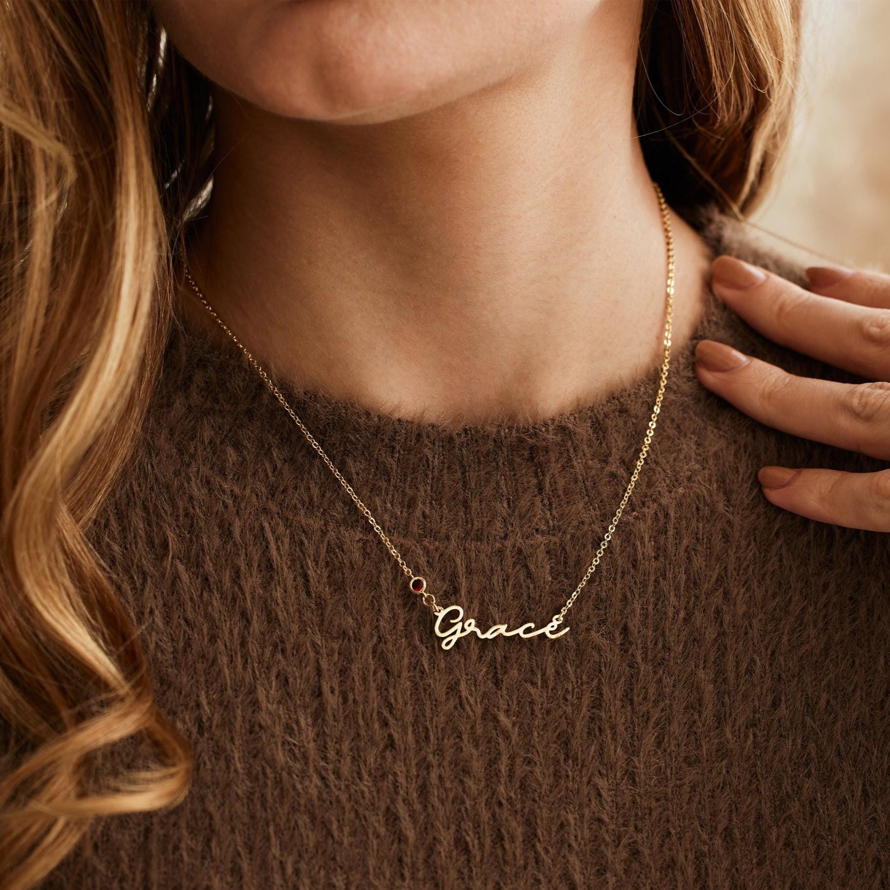 Birthstone Name Necklace Gold