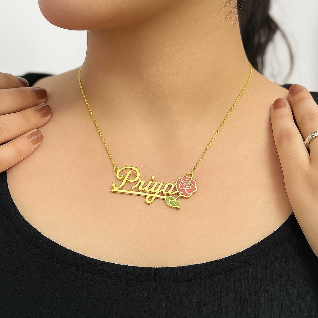 Name Necklace with Vintage Flower