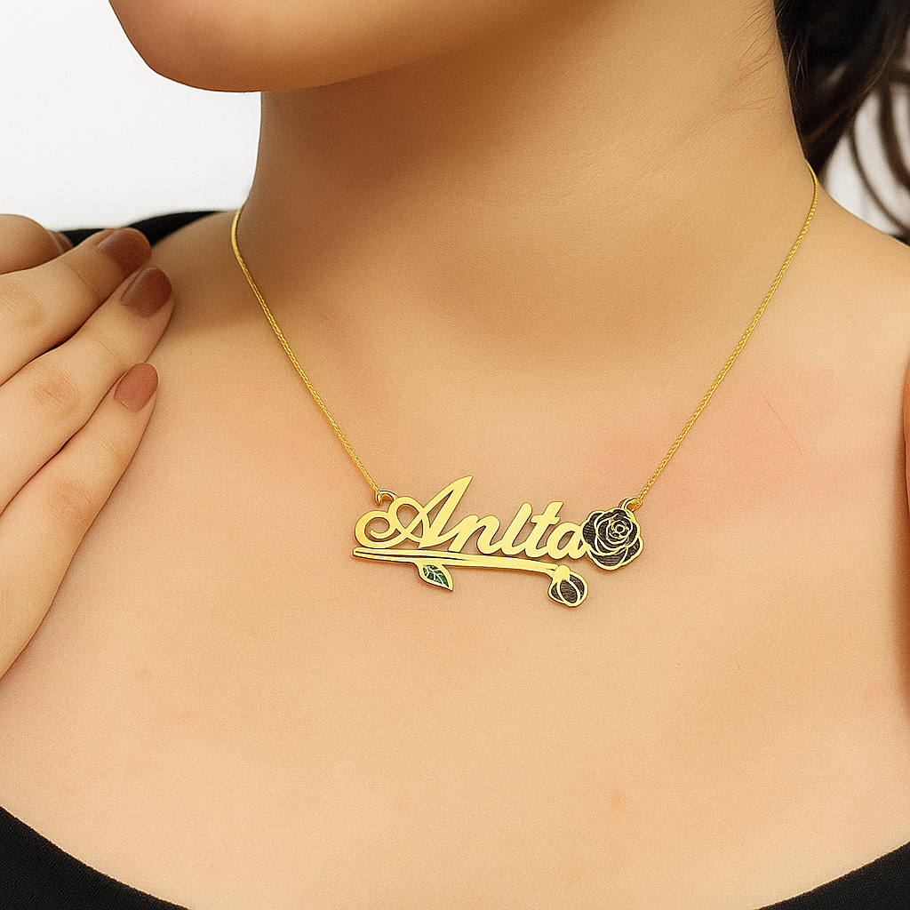Name Necklace with Vintage Flower
