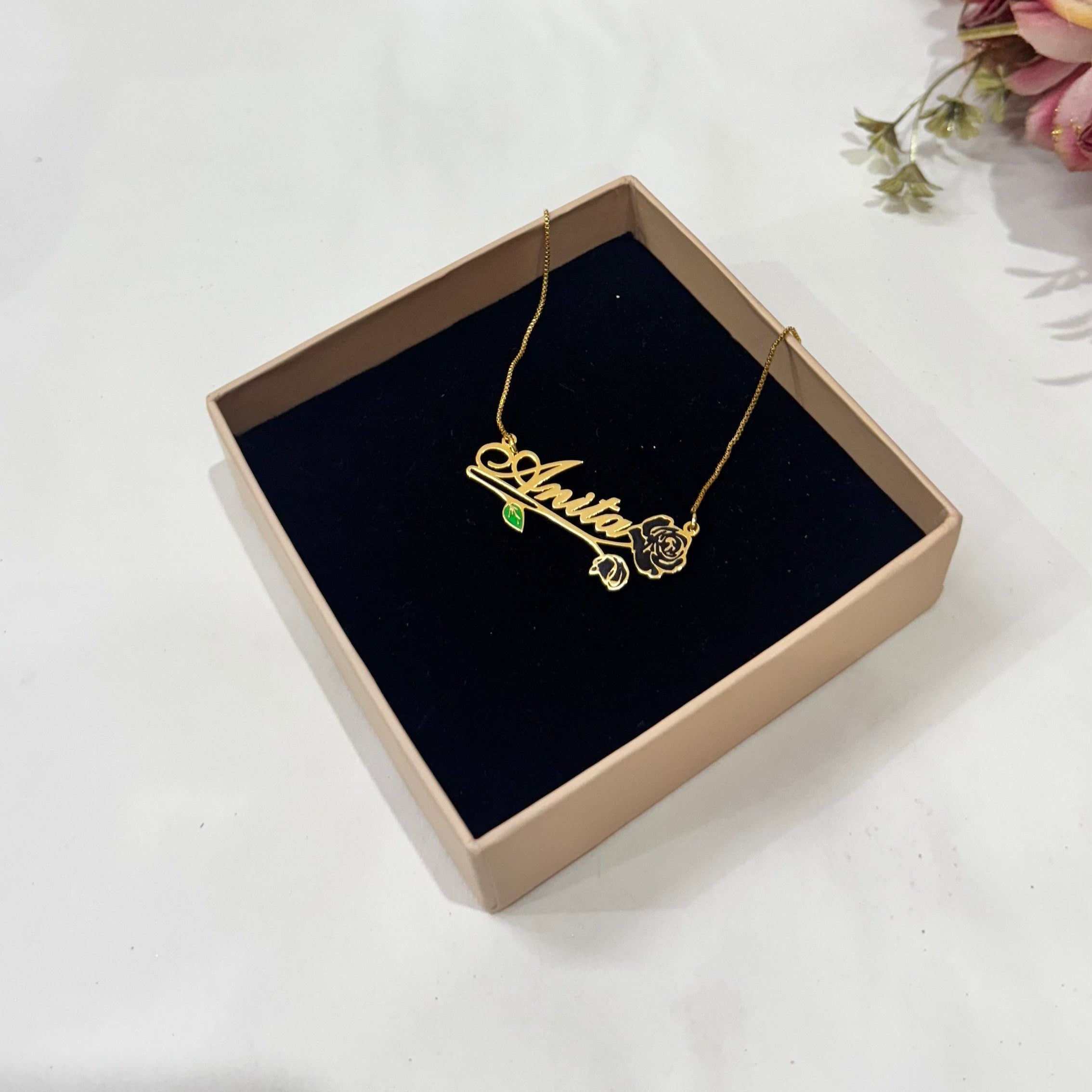 Name Necklace with Vintage Flower