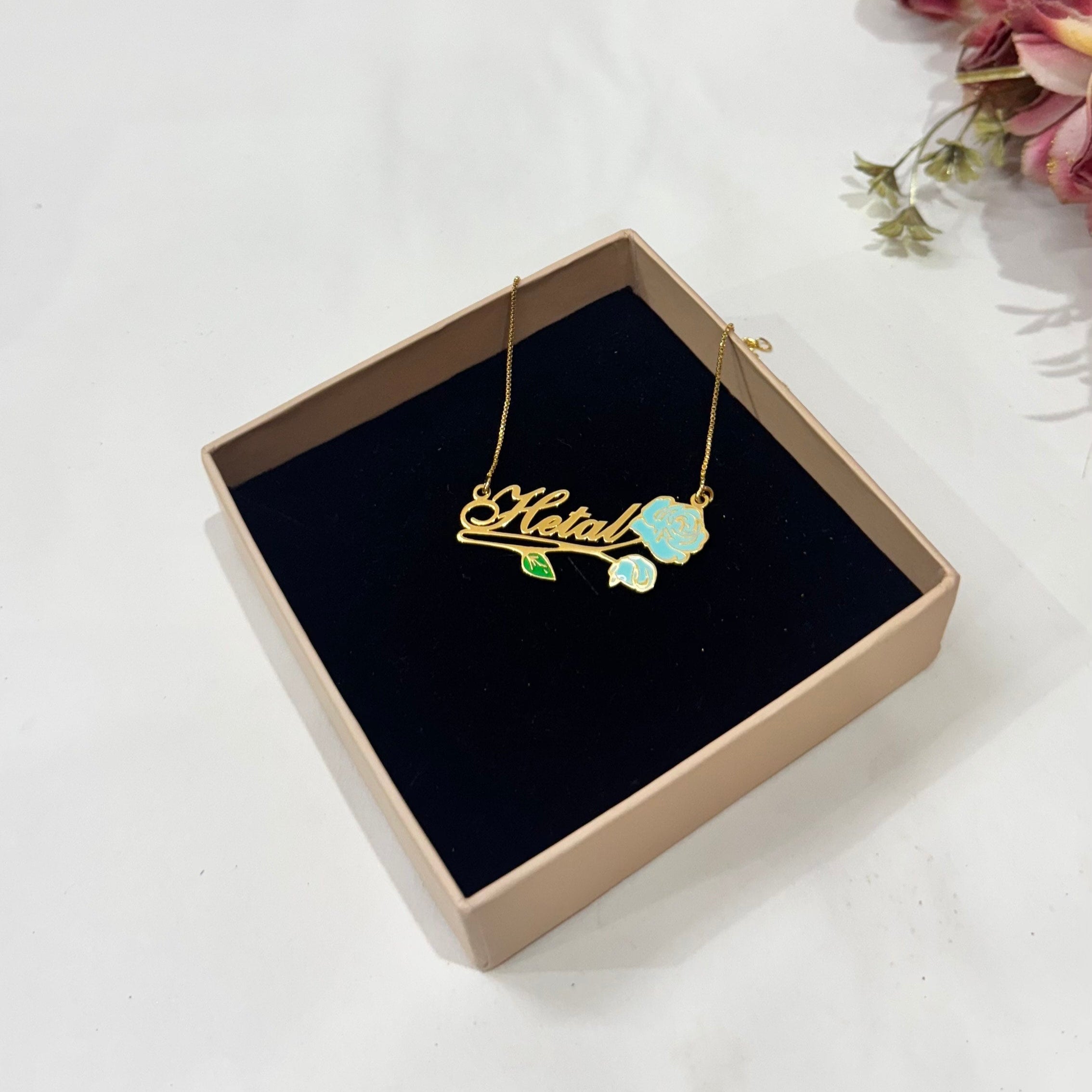 Name Necklace with Vintage Flower