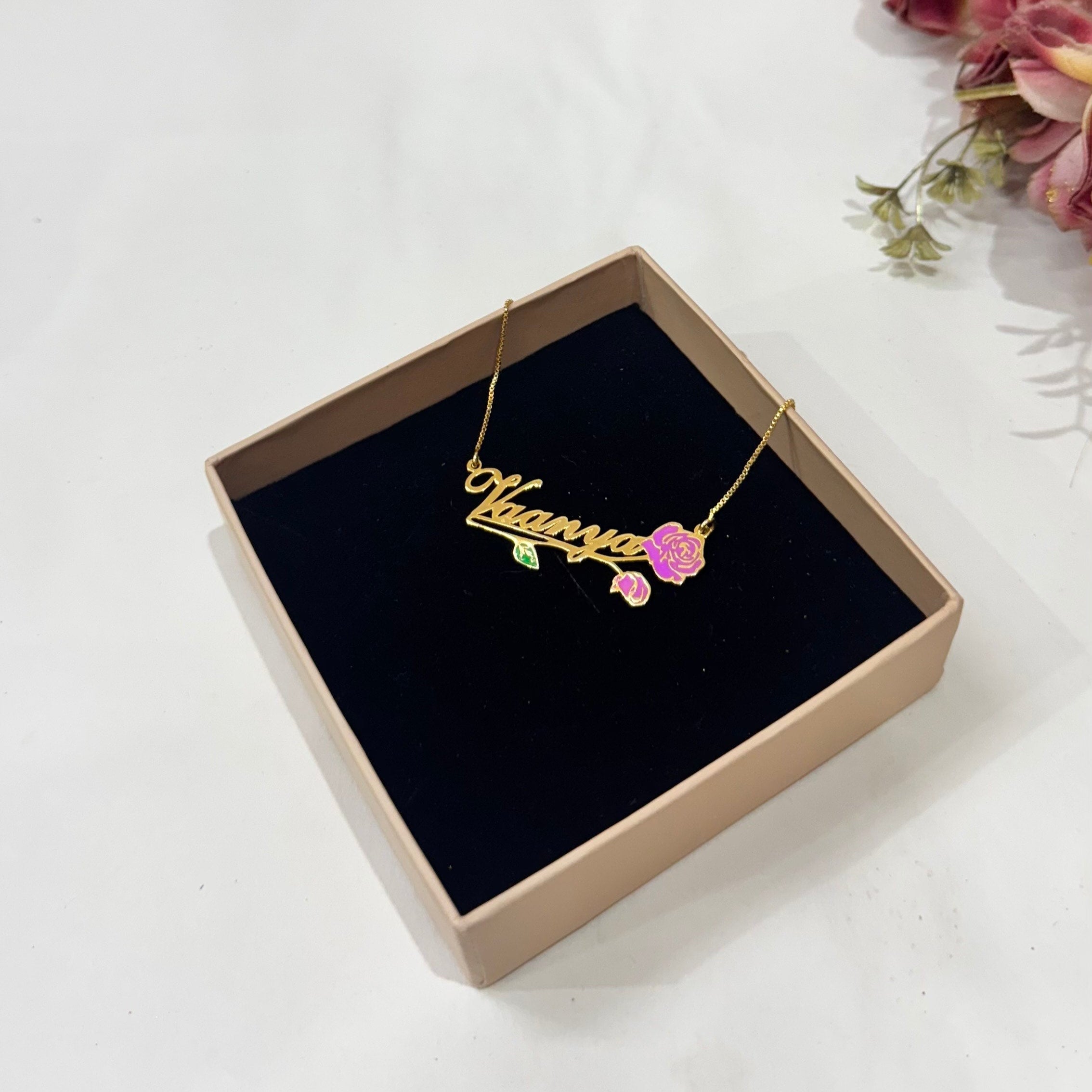 Name Necklace with Vintage Flower