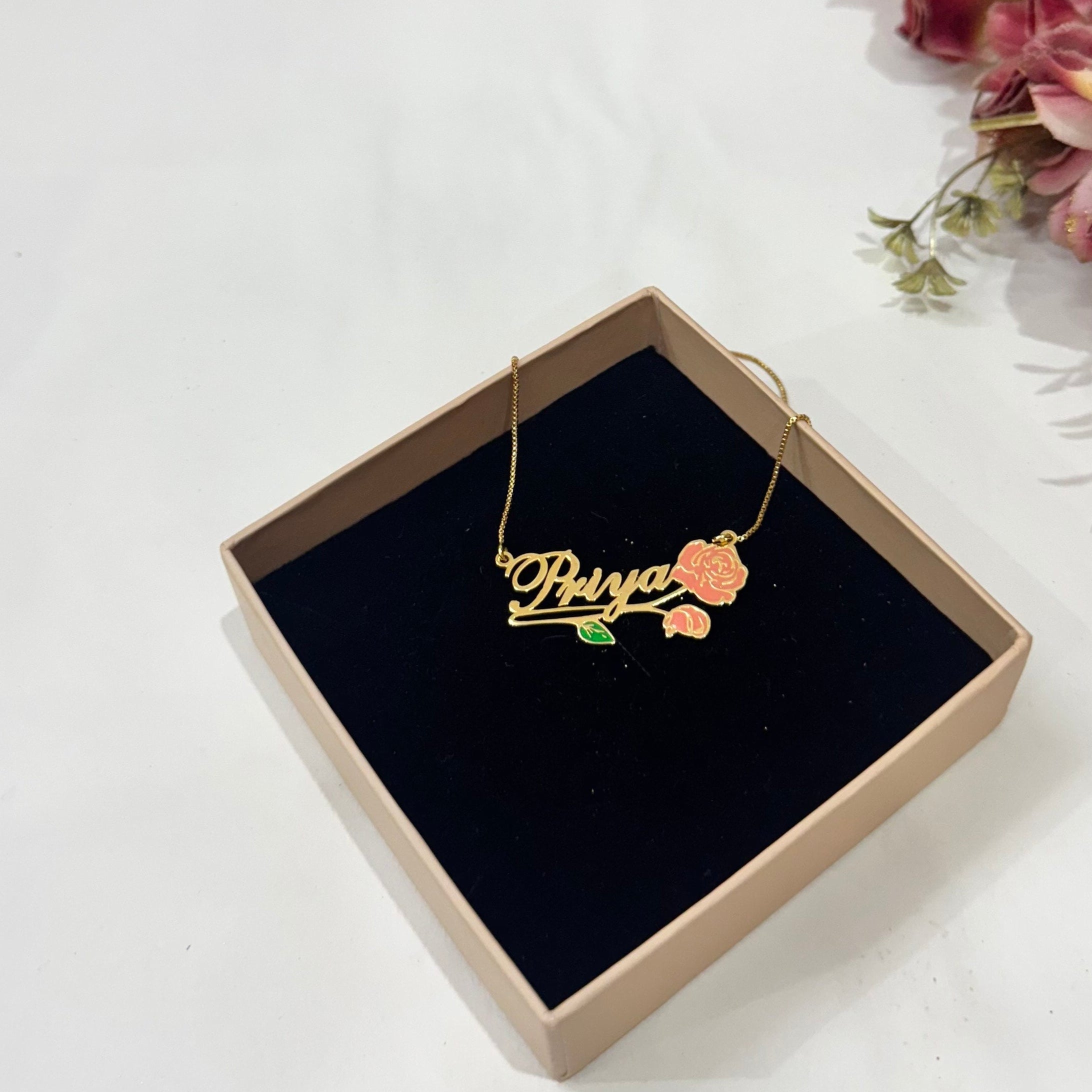 Name Necklace with Vintage Flower