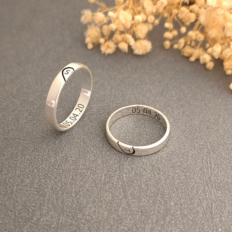 Custom Heart Initial & Engraving Inside Couple Rings-925 Sterling Silver