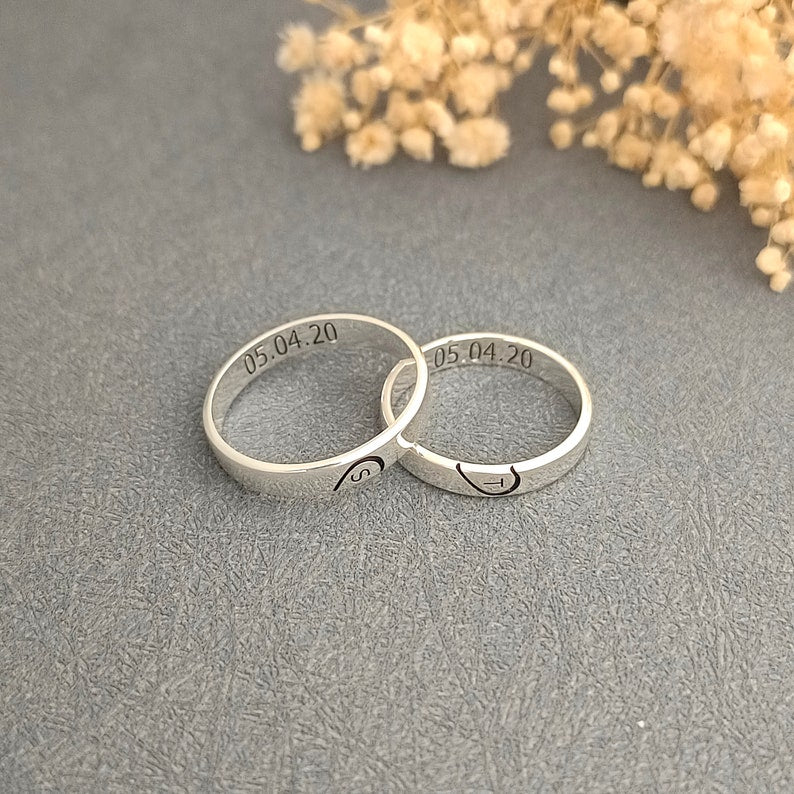 Custom Heart Initial & Engraving Inside Couple Rings-925 Sterling Silver